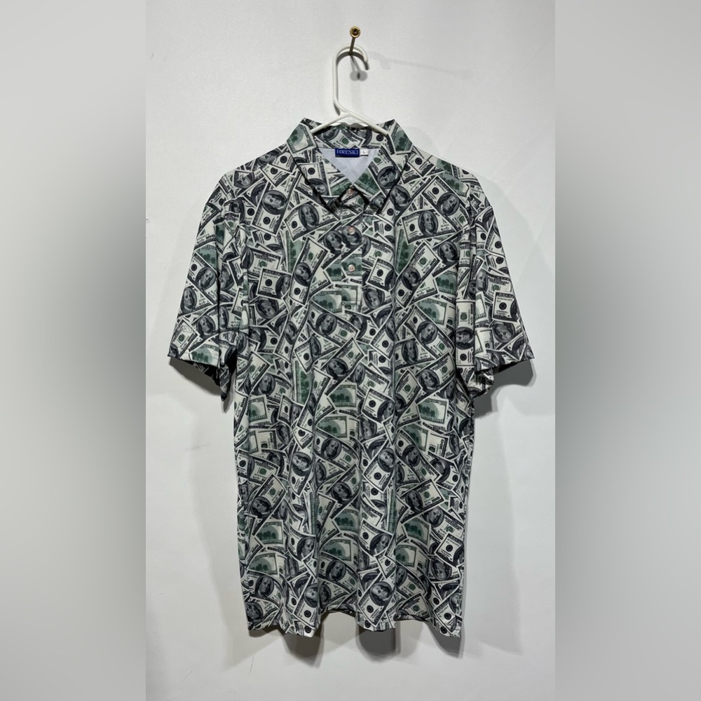 HRESKI‎ Green & White $100 Money-Print Golf Polo  Shirt Size Large NWOT